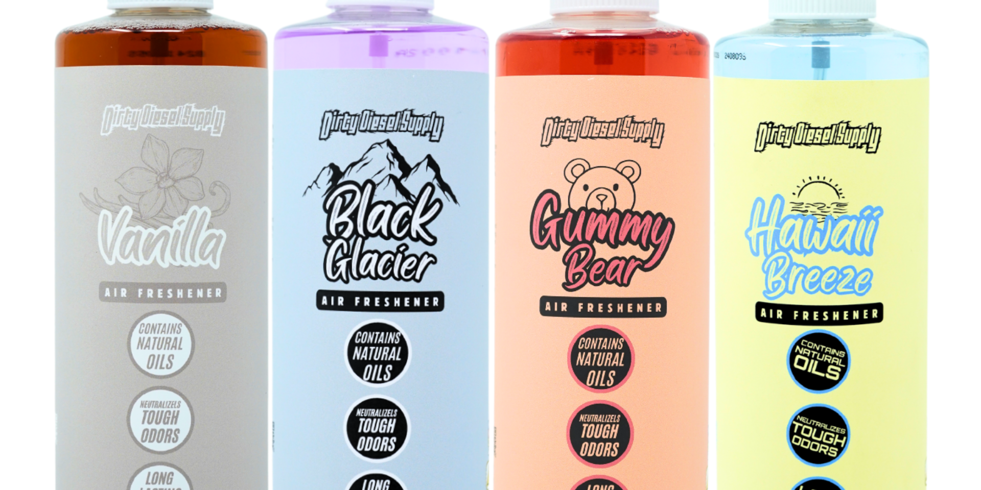 Four air freshener bottles with different scents on a white background