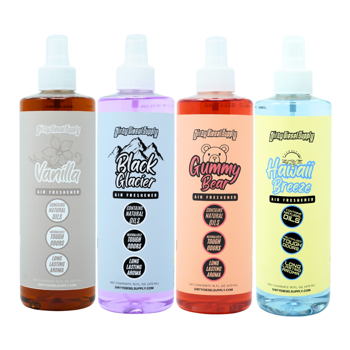 Four air freshener bottles with different scents on a white background
