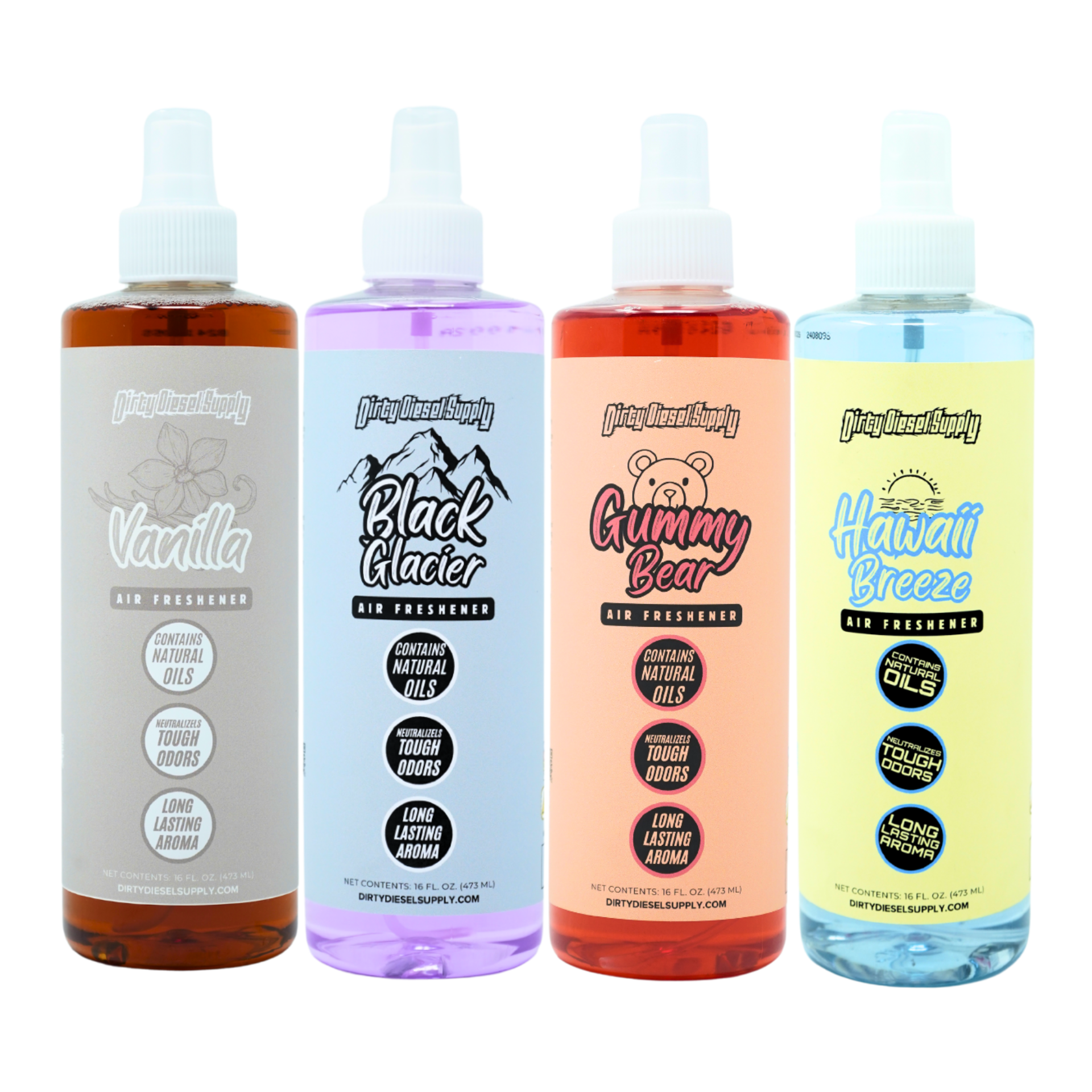 Four air freshener bottles with different scents on a white background